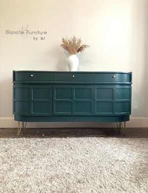 Image of Stunning Nathan Curved Sideboard in Bottle Green on Gold Hairpin legs