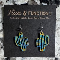 Image 1 of Wood Dangle Cactus Earrings with Poured Paint Detail #215