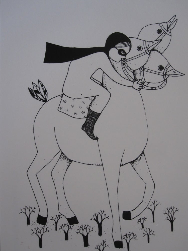 Image of Petite fille et son cheval a 3 tetes blanc