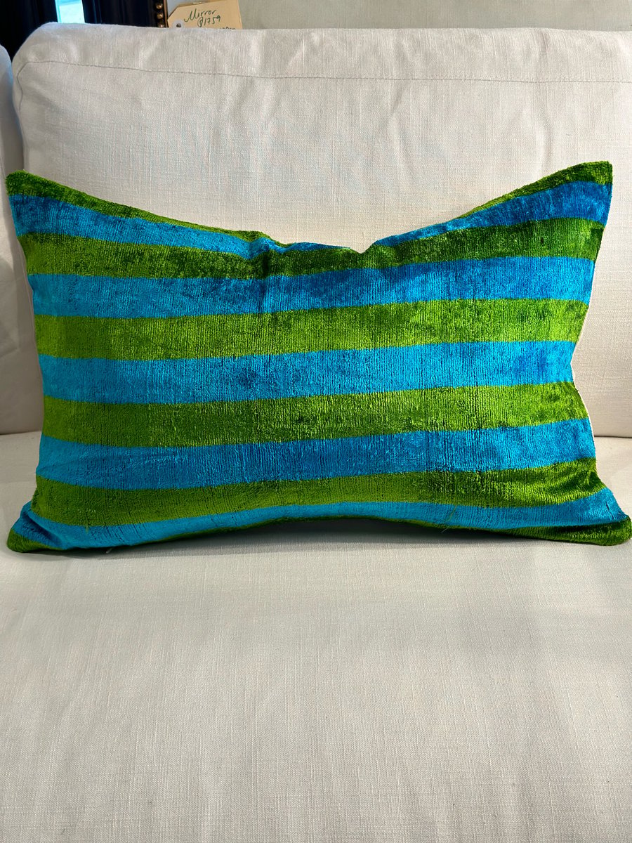 Image of Ikat Velvet Cushion Blue and Green Stripe 