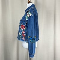 Image 4 of SIGNATURE8 floral and butterfly patch crop denim blue jean jacket