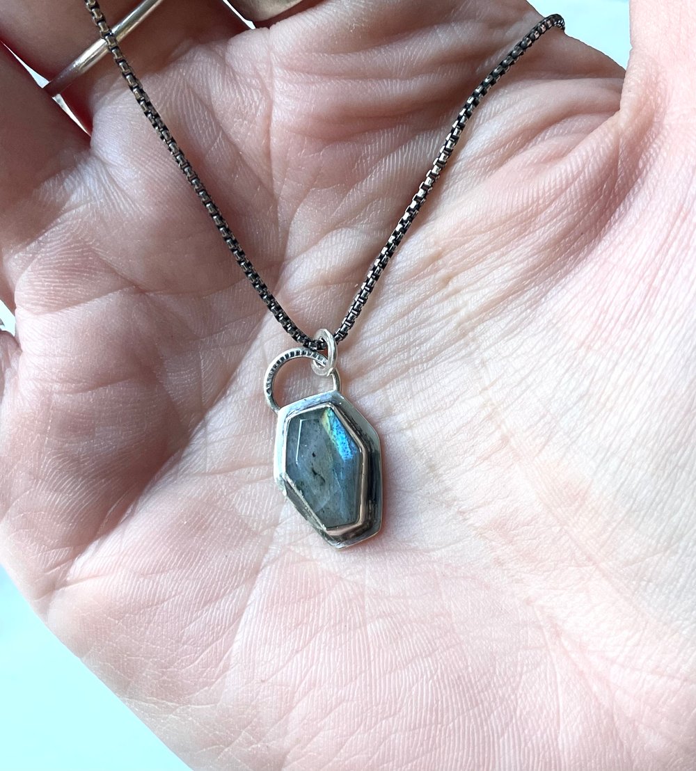 Handmade Sterling Silver Labradorite Coffin Pendant 925