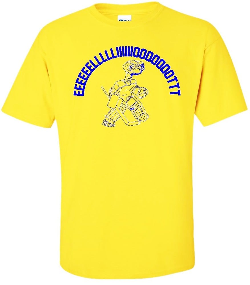 Image of EEEEEEEEELLLLIIIIIIOOOOOTTTT E.T. BRIAN ELLIOTT PARODY T-SHIRT IN ST. LOUIS BLUES COLORS