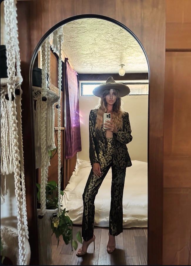 1970s gold and noir metallic western trouser suit