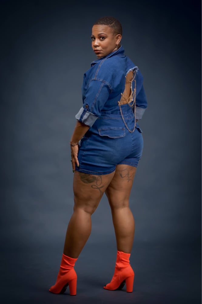 Image of Denim w/Chain Open Back Romper