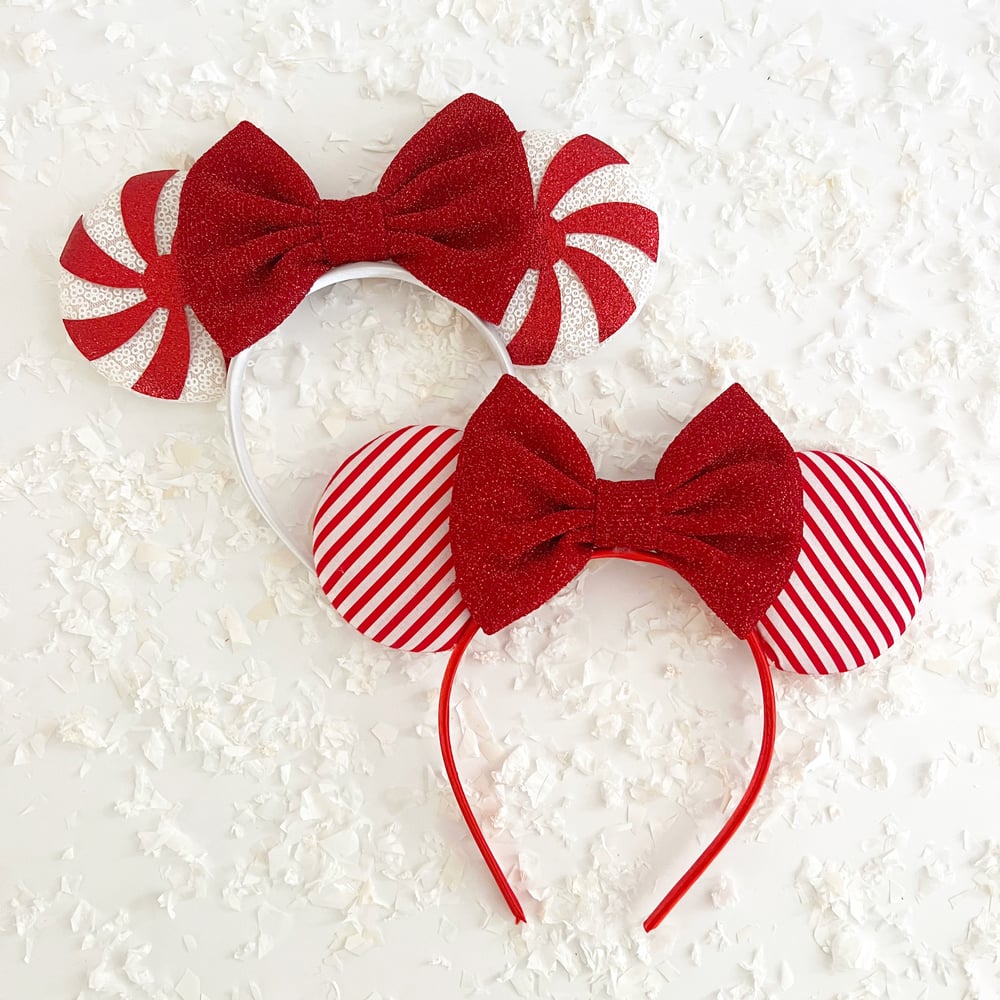 Image of Red Peppermint Mouse Ears with Red Shimmer Bow 