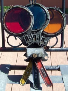 Image of 1930s New York Subway Adlake Tri-Color Route Indicator, 13 inches tall