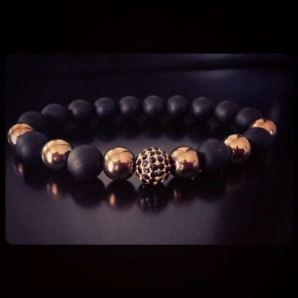 Image of Matte Black Onyx 10MM + 10mm Gold Hematite + 10mm Black Crystal and Gold Pave Round Bracelet