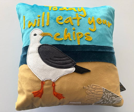 Raggy Roux - ‘today I will eat your chips’ seagull cushion 