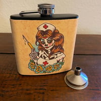 Image 5 of Day of the Dead Nurse Flask “Time For A Shot” Traditional Tattoo Art 6 Oz