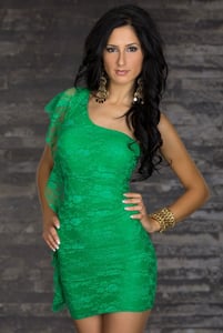 Image of Green Lace Mini Dress One Shoulder