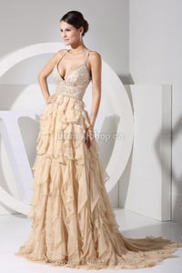 Image of A-line Straps Chiffon Sweep Train Champagne Tiered Prom Dress at Dresseshop.ca