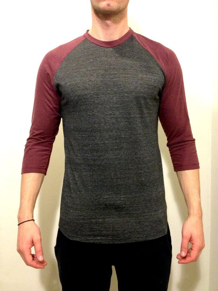Image of 3/4 Raglan Sleeve Burgundy & Grey Stripes