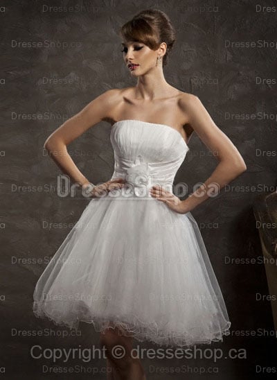 Image of A-line Strapless Tulle Satin Short/Mini White Flowers Homecoming Dress at Dresseshop.ca