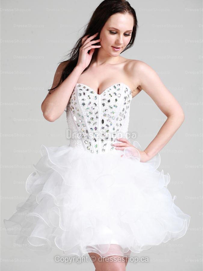 Image of A-line Sweetheart Organza Short/Mini White Rhinestone Cocktail Dress at Dresseshop.ca