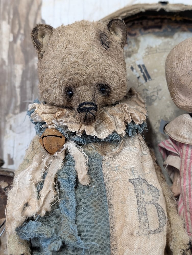 Image of  9" -Vintage Old Primitive Teddy Bear in romper  by Whendi's Bears