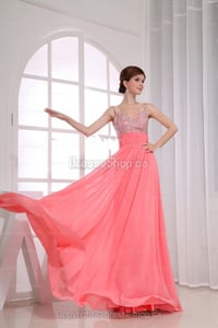 Image of A-line Spaghetti Straps Chiffon Floor-length Pink Rhinestone Evening Dress at Dresseshop.ca