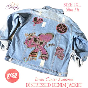 Image of Breast Cancer Awareness Distressed Denim Jacket 