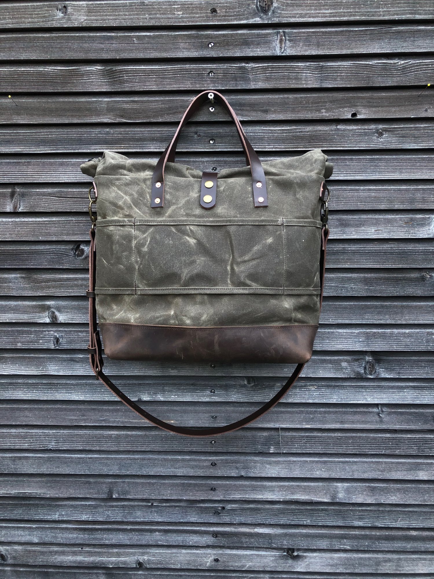 Image of Waxed canvas roll top tote bag / office bag with luggage handle attachment leather handles and shoul