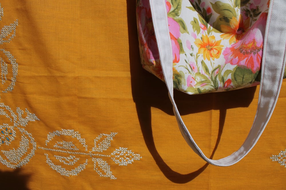 Image of Pink, Orange, and Yellow Cotton Floral Tote