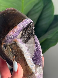 Image 10 of AMETHYST ON A CUSTOM STAND WITH A PERFECT SUGAR COATED CALCITE POINT -URUGUAY-