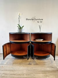 Image 6 of Pair of Nathan Corner Drinks Cabinets in Black and Walnut on Gold Hairpin legs