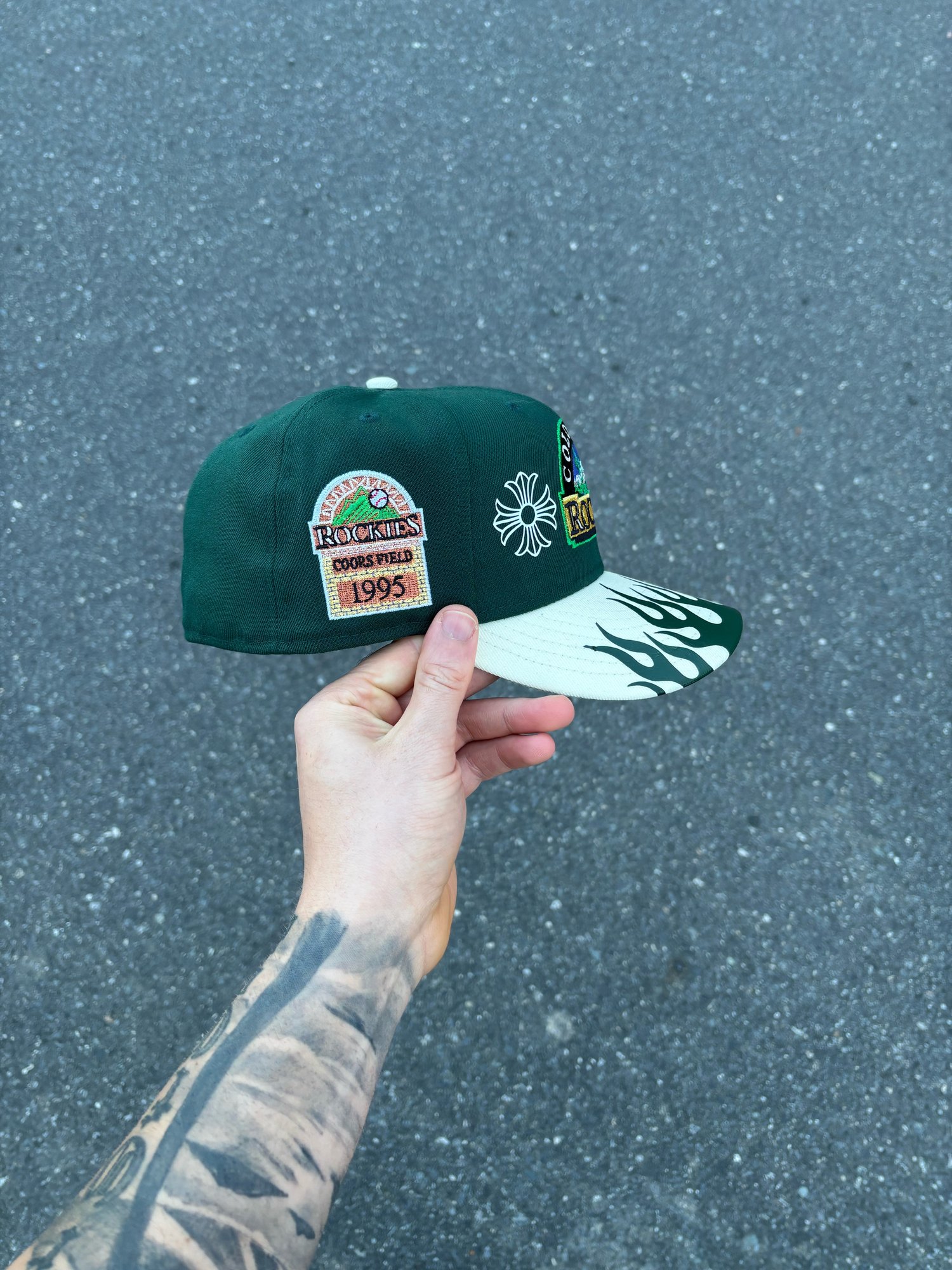 Image of OFF WHITE VISOR FOREST GREEN COLORADO ROCKIES CUSTOM FITTED CAP