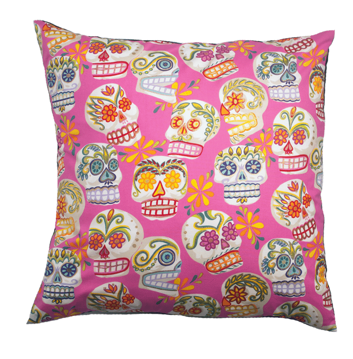 Image of Skull Cushion - pink background with glitter detail