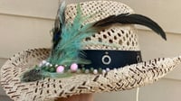Image 2 of Cream Open Weaved Cowboy Hat Feathers and Bead  Band