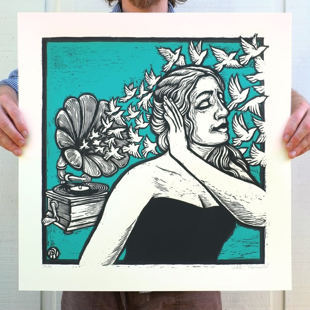 Grammophone Girl Giant Woodcut & Serigraph