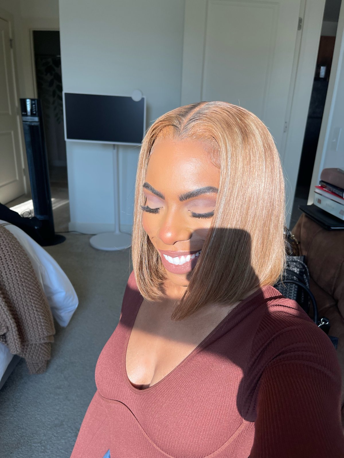 12 inch HONEY BLONDE LACE CLOSURE BOB WIG with HIGHLIGHTS
