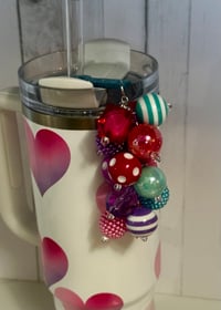 Image 1 of Valentine Heart Tumbler Straw Topper Charm – Pink & Purple Beaded Straw Bauble for Stanley