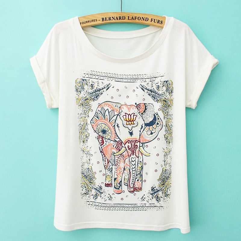 Vintage Lovely Elephant Print T-shirt / powomall