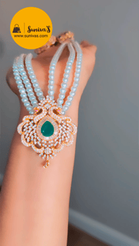 Image 5 of 3 layer American Diamond Pearl Set in Peacock Design 