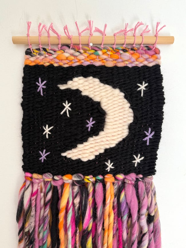 Night moon and stars. Woven wall hanging.