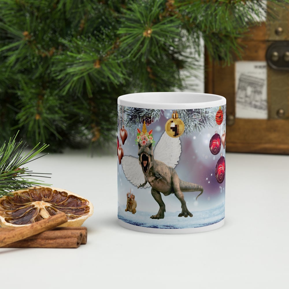 Image of T-Rexie and Caticorn - Christmas White Glossy Mug - 3 sizes 