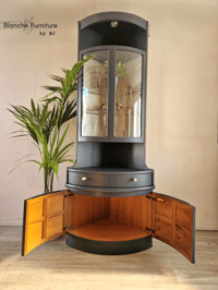 Image 2 of Tall, Mid Century Nathan Corner Drinks Cabinet unit with light - Midnight Blue