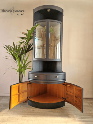 Image of Nathan Corner Drinks Cabinet unit with light - Midnight Blue with Orange Art deco lining