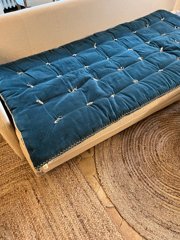 Image of Futon Mattéo Velours & Lin Bleu Pétrole 80/180 cm