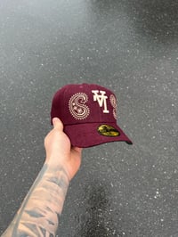 Image 1 of GREEN BRIM MAROON UPSIDE DOWN LA DODGERS CUSTOM FITTED CAP