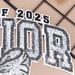 Image of Class of 2025 Senior Sequin Bow Design Iron-On Patch, Silver and White