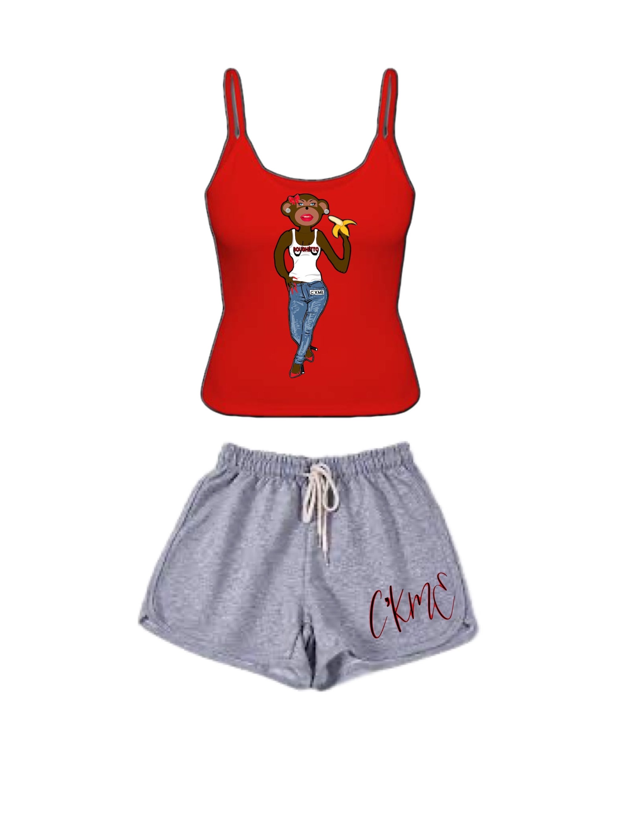 Image of Red tank top with gray shorts lounge set