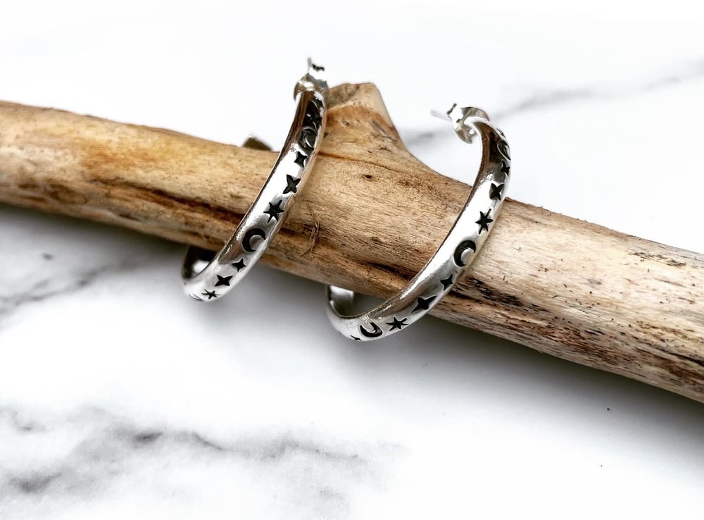 Handmade Sterling Silver Celestial Star And Moon Hoop Earrings 925