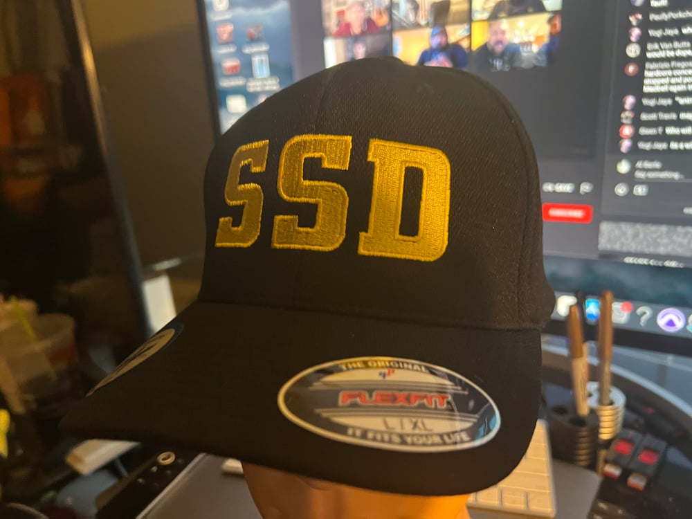 Black Flexfit hat with Solid Yellow SSD Logo