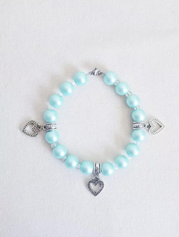 Image of Matte Aqua Glass Pearl Heart Charm Bracelet