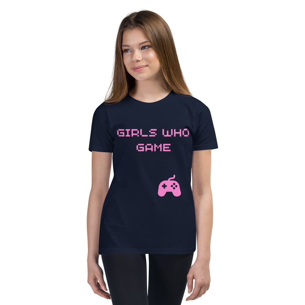 Image of Youth Girls Who Game T-Shirt (pink letters)
