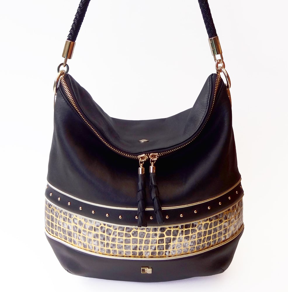 Image of 'PRAGUE' black and gold leather bag