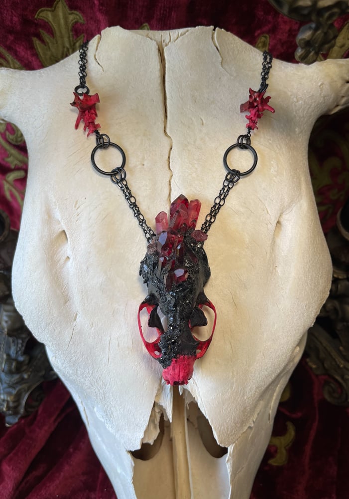 Image of Red Quartz & Black Tourmaline Mink Skull - Chain Necklace