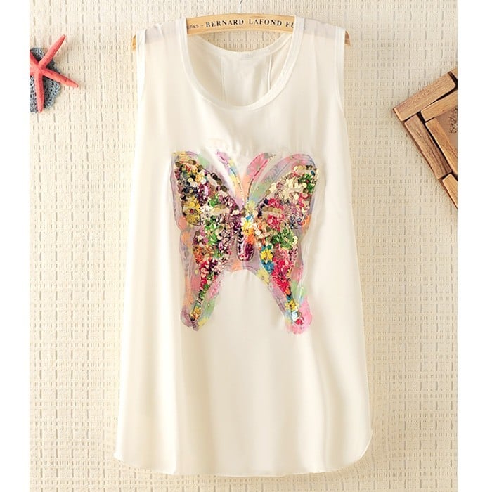 Image of Colorfull Sequins Butterfly Sleeveless Chiffon T-shirt