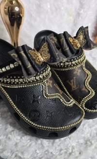 Image 2 of Size 9 two tone classic black crocs with distressed denim 